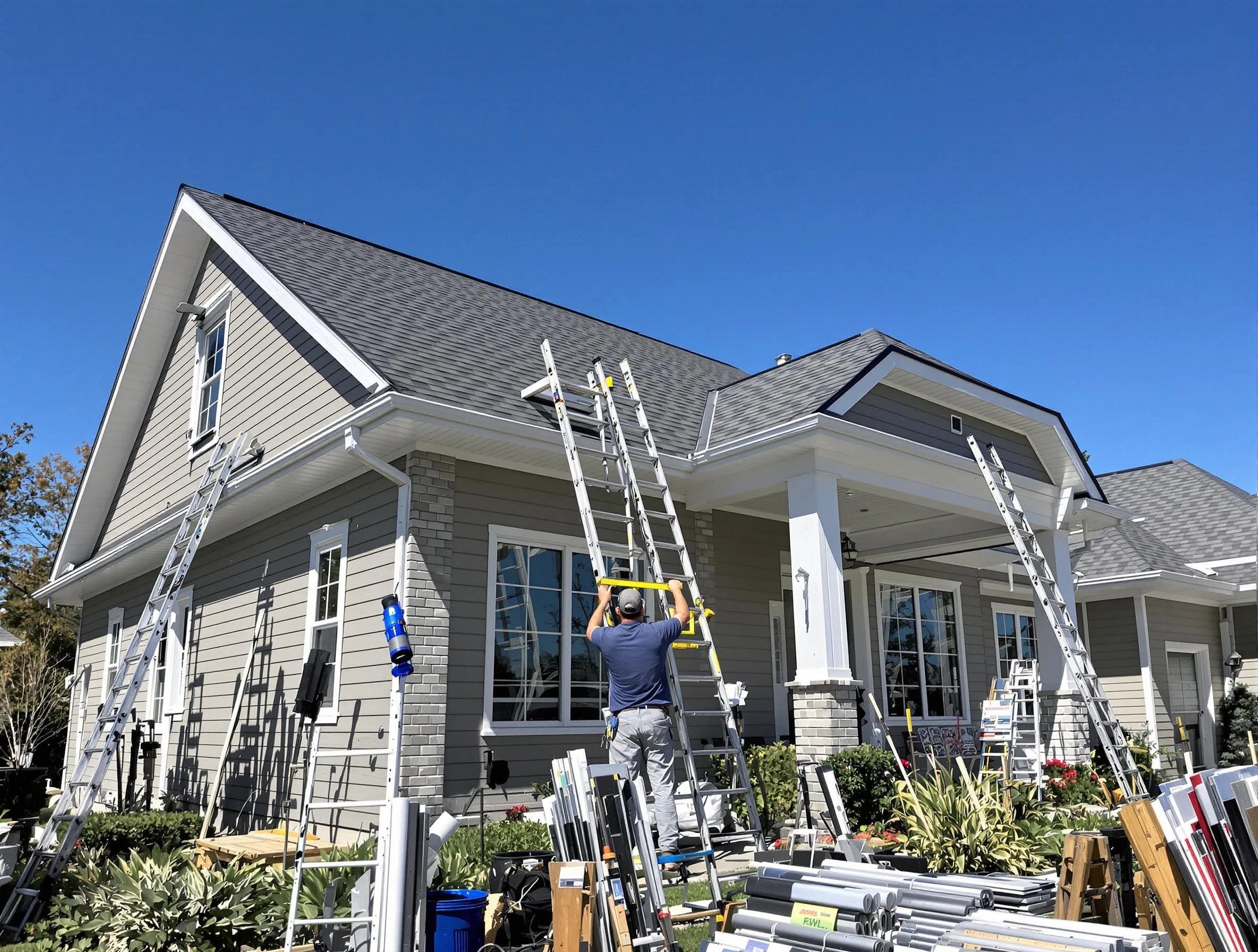 Parma Heights Roofing Company fitting rain gutters at a home in Parma Heights, OH